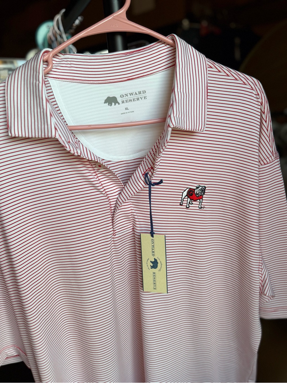 NWT Onward Reserve UGA Standing Bulldog Hairline Stripe Performance Polo - Picture 3 of 5